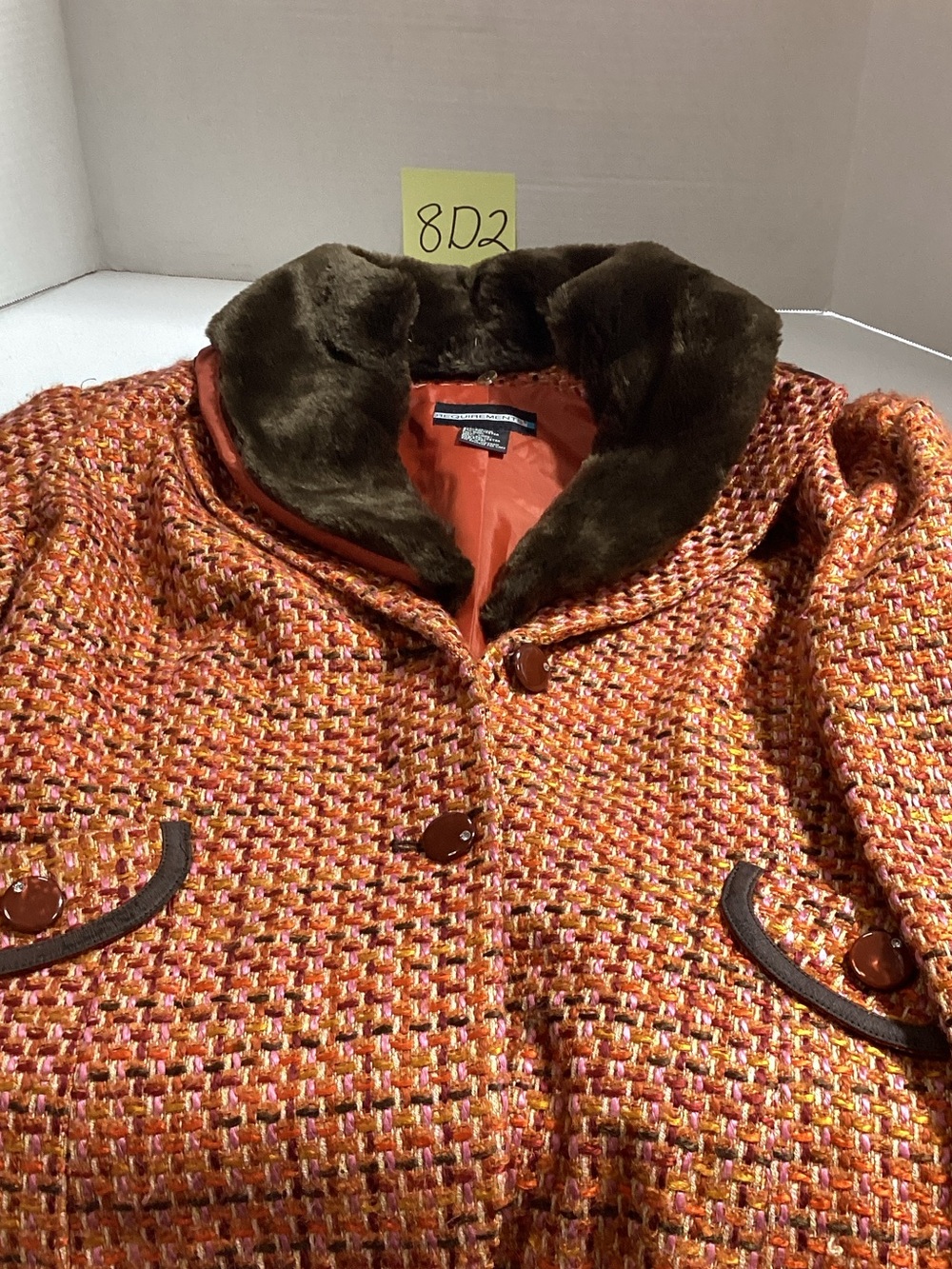Requirements Orange Tweed Pea Coat with Brown Faux Fur Collar